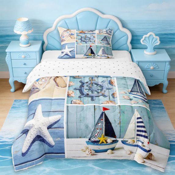 Erosebridal Ocean Nautical Sailboat Twin Comforter Sets,Kawaii Sea Starfish Vintage Rustic Farmhouse Bedding Set For Boys Girls,Reversible,2 Pieces