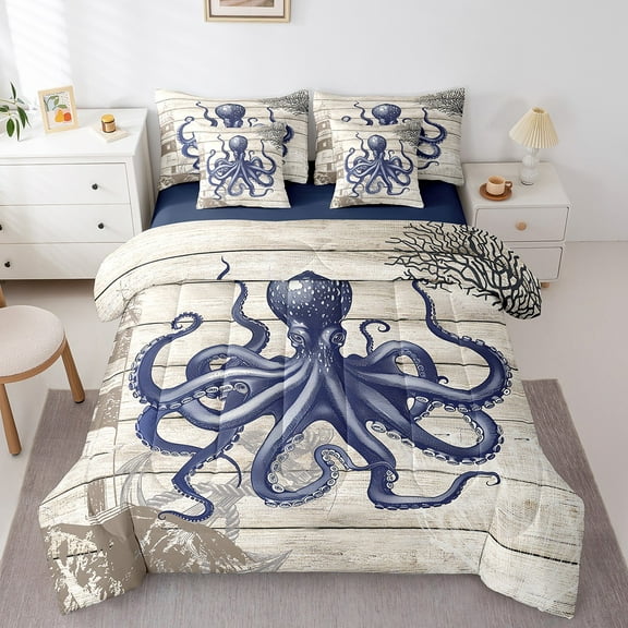 Erosebridal Ocean Octopus Bedding King Size, Nautical Lighthouse Comforter Sets with Sheets, Coastal Lodge Cabin Decor, Reversible 7-Piece