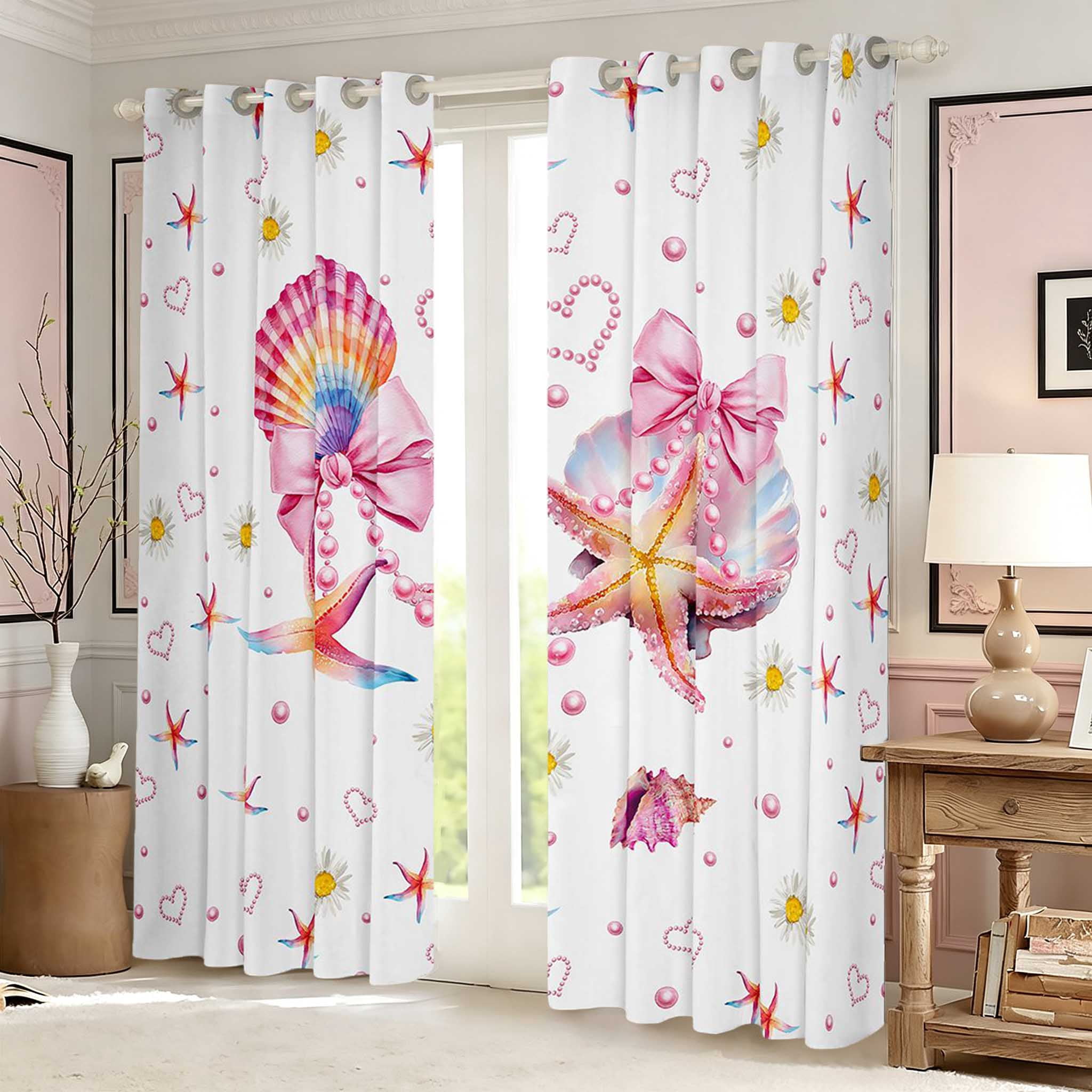 Erosebridal Ocean Rainbow Shell Bow Blackout Curtains Set of 2 (52x84 ...