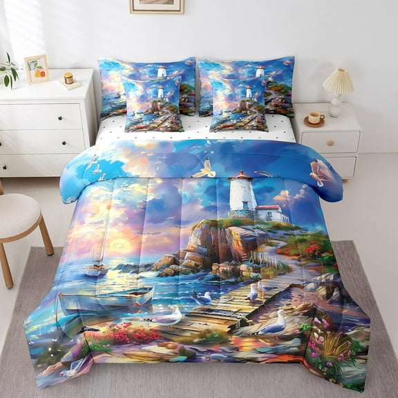 Erosebridal Ocean Sailboats Bed in a Bag King Size,Saegull Lighthouse Bed Set,Western Nautical Theme Bedding King Size,Ultra Soft Bedroom Decor Reversible,7 Pieces