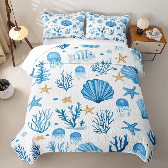 Erosebridal Ocean Sea Life Twin Quilt Set,Blue Jellyfish Shell Twin Coverlet Set For Boys,2-Piece