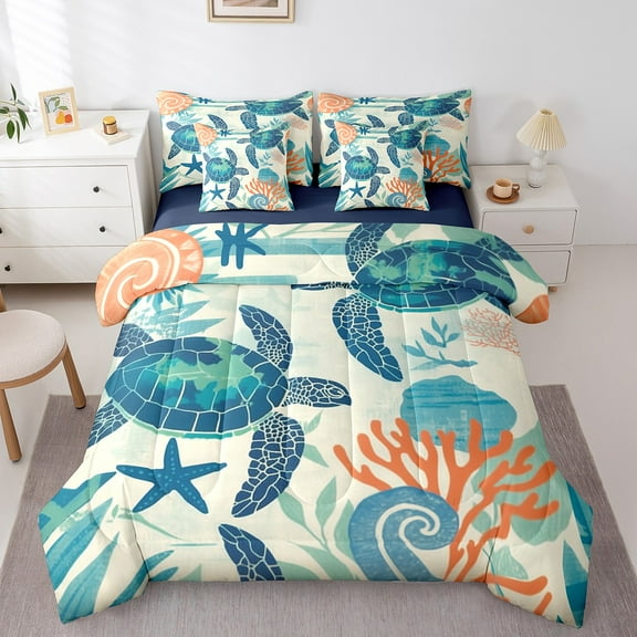 Erosebridal Ocean Sea Turtle Bedding Queen Size, Starfish Bed in a Bag Queen size, Coastal Animal Decor, Teens, 7pcs
