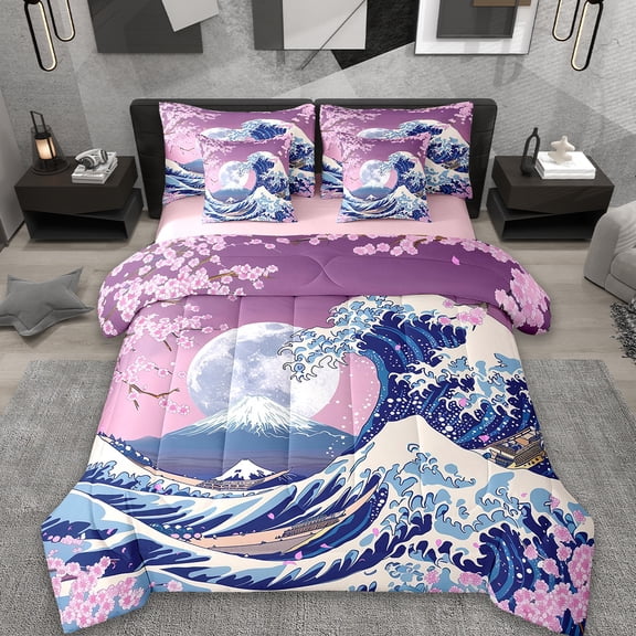 Erosebridal Ocean Sea Waves Bedding Sets Twin Size,Japanese Style Comforter Sets with Sheets,Moon Snow Mountain Pink Cherry Blossom Bed in a Bag Twin Size,Breathable Bedroom Decor Reversible,7-Piece