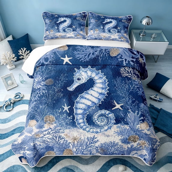 Erosebridal Ocean Seahorse Coral Bed Spread Queen, Sea Animal Queen Coverlet Set, Navy Reversible 3 Pieces, 1 Quilt and 2 Pillowcases