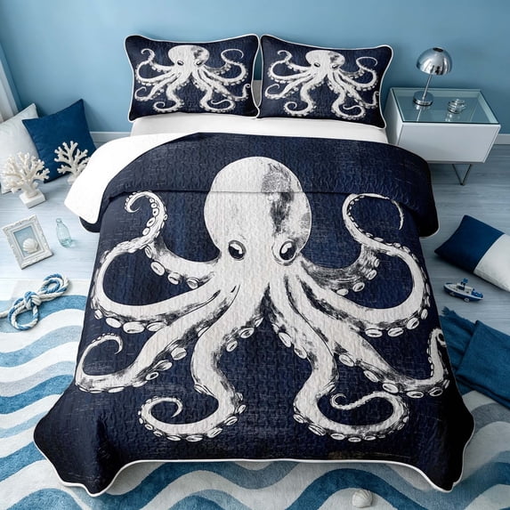 Erosebridal Ocean Sealife Bed Spread Queen, Sea Octopus Queen Coverlet Set, Navy Reversible 3 Pieces, 1 Quilt and 2 Pillowcases
