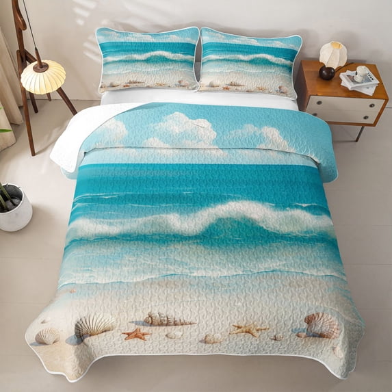 Erosebridal Ocean Seashell Starfish Bed Spread Queen,Hawaiian Beach Coastal Nautical Nature Theme Kids Queen Coverlet Set,3pcs