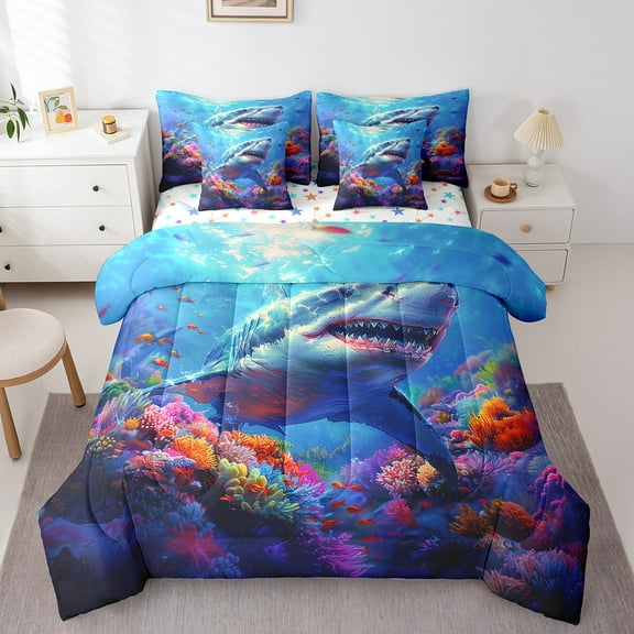 Erosebridal Ocean Shark Bed in a Bag Queen Size, Sea Wildlife Bed Set, Marine Animal Home Decor, Reversible 7pcs