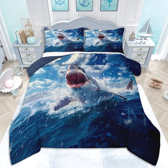 Erosebridal Ocean Shark Full Size Comforter Sets 3 Pieces For Kids,Underwater World Animal Bedding Sets For Boys Girls,Navy Blue Reversible,Lightweight Room Decor