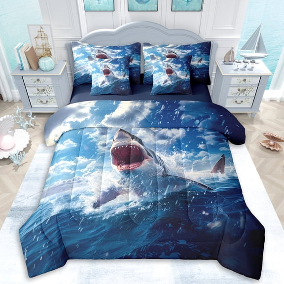 Erosebridal Ocean Shark Twin Bedding Sets 7-Piece For Kids,Underwater World Animal Bedding Comforter Set For Boys Girls,Navy Blue Reversible,Lightweight Room Decor