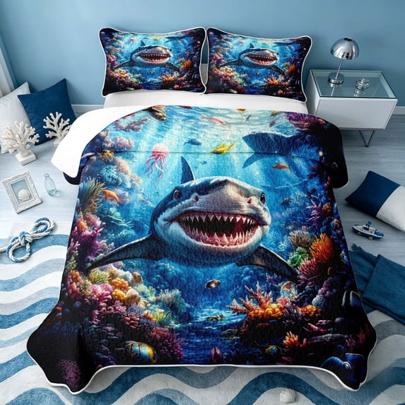 Erosebridal Ocean Shark Twin Quilt Set, Sea Fish Twin Coverlet Set, Black Reversible 2 Pieces, 1 Bedspread and 1 Pillowcase
