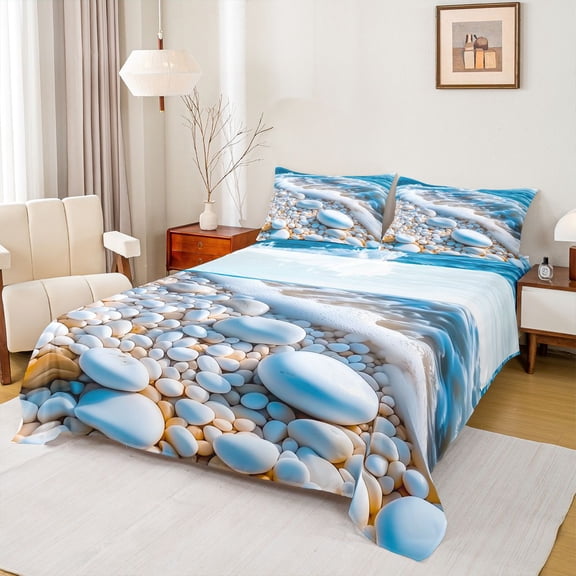 Erosebridal Ocean Stony Beach Bed Sheets 4pcs For Teens,Sea Theme King Sheets,Microfiber Bedroom Decor