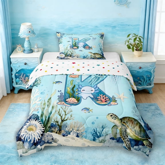 Erosebridal Ocean Style Kids Twin Comforter Sets,Cartoon Animal Monogrammed K Bedding Set For Kids,Reversible 2 Pieces