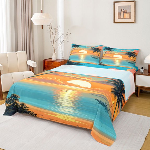 Erosebridal Ocean Sunset Bed Sheets 4pcs For Teens,Summer Sea Beach King Sheets,Microfiber Bedroom Decor