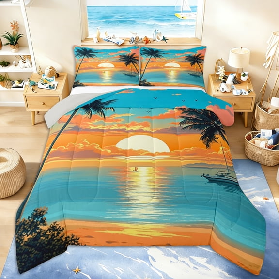 Erosebridal Ocean Sunset Full Size Comforter Sets 3 Pieces For Teens,Summer Sea Beach Bedding Sets,Grey Reversible,Microfiber Bedroom Decor