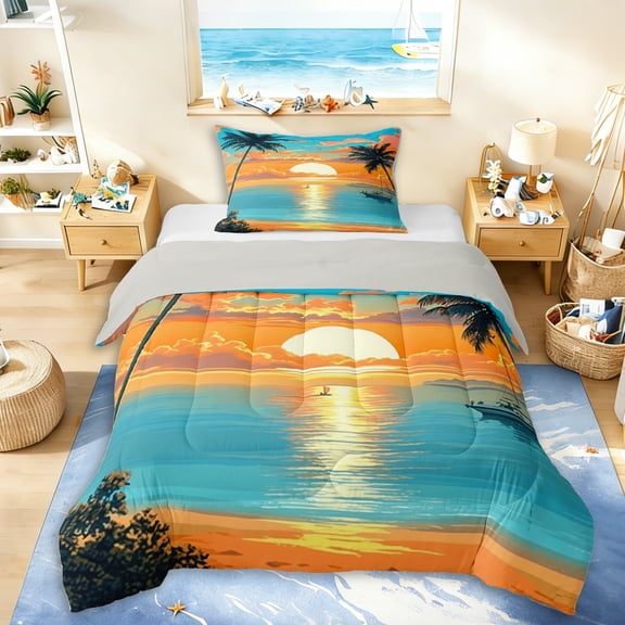 Erosebridal Ocean Sunset Twin Comforter Sets 3-Piece For Teens,Summer Sea Beach Bedding Set,Grey Reversible,Microfiber Bedroom Decor