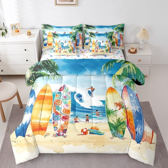 Erosebridal Ocean Surfing Bed in a Bag Full size,Tropical Leaves Bed Set,Beach Bedroom Decor,Reversible,Breathable,7-Piece