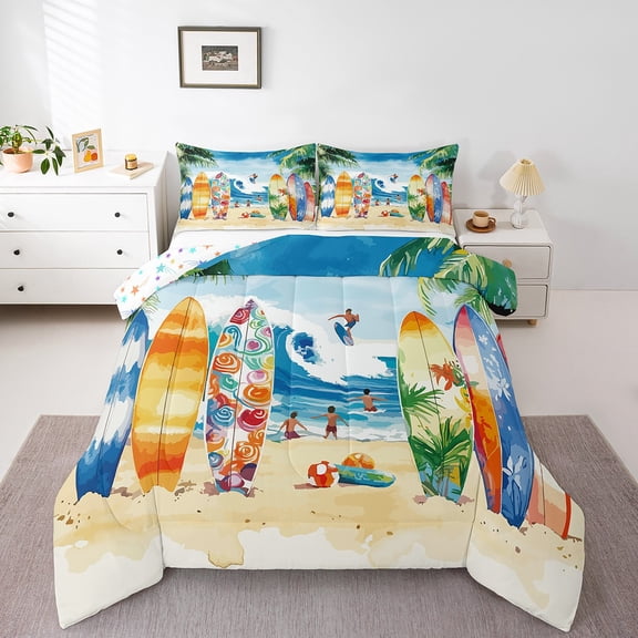 Erosebridal Ocean Surfing Bedding King Comforter Set,Tropical Leaves Bedding Sets King with Comforter,Beach Bedroom Decor,Reversible,Breathable,3-Piece