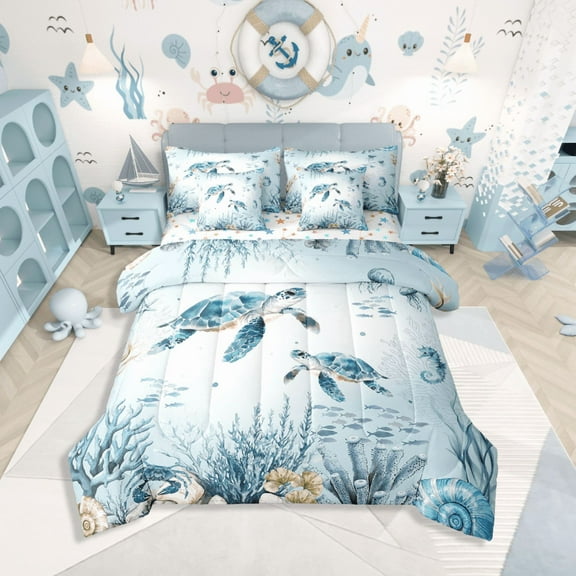 Erosebridal Ocean Turtle Bedding Sets Twin Size,Sea Wildlife Comforter Sets with Sheets,Cartoon Bedroom Decor,Reversible,7pcs