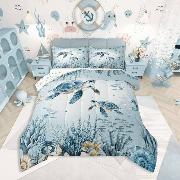 Erosebridal Ocean Turtle Bedding Twin Comforter Set,Sea Wildlife Down Comforter,Cartoon Bedroom Decor,Reversible,Lightweight,2-Piece