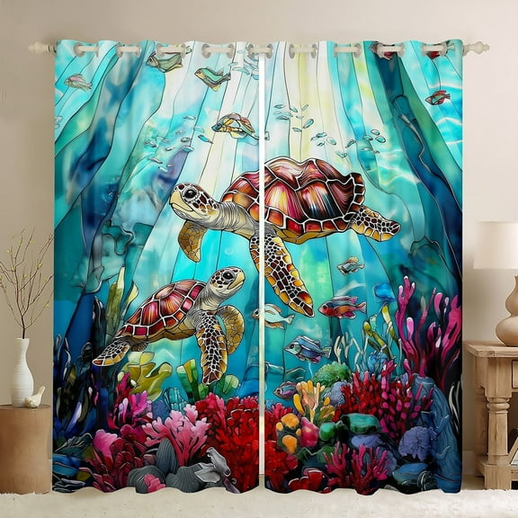 Erosebridal Ocean Turtle Curtains for Living Room,Sea Animal 30%-50% Blackout Curtains Set of 2 (38x45),Underwater World Room Decorative