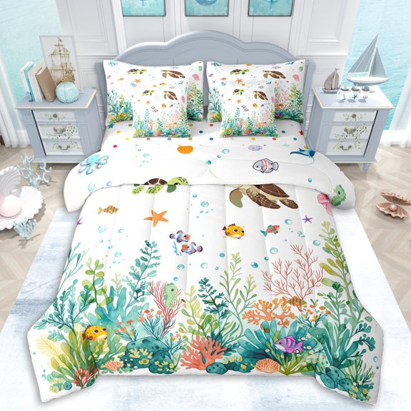 Erosebridal Ocean Turtles Bedding Comforter Set 7pcs For Kids,Cartoon Marine Animal Queen Bedding Sets For Boys Girls,Microfiber Bedroom Decor