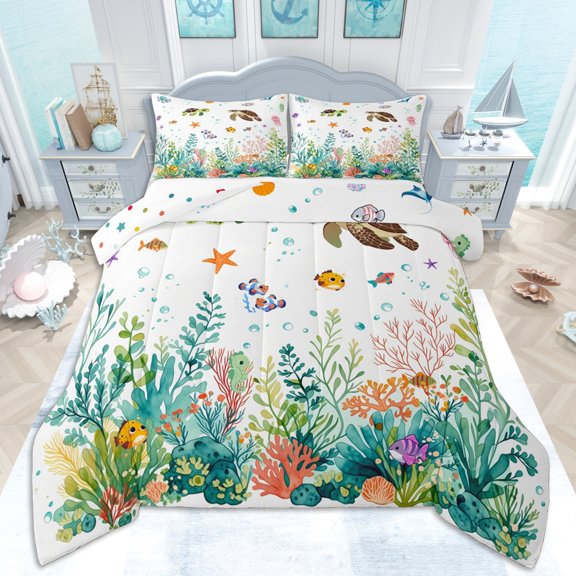 Erosebridal Ocean Turtles Queen Comforter Set 3pcs For Kids,Cartoon Marine Animal Bedding Comforter Set For Boys Girls,Microfiber Bedroom Decor