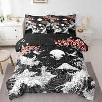 Erosebridal Ocean Wave Bed in a Bag Twin size, Japanese Style Bedding Twin Size, Red Blossoms Flower Reversible Comforter Sets with Sheets, Microfiber Bedroom Decoration, 7pcs