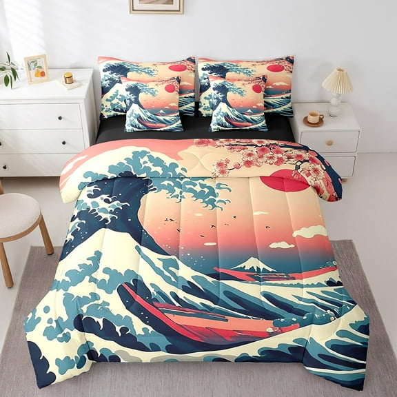 Erosebridal Ocean Wave Bed in a Bag Queen size, Japanese Style Bed Set, Adults Teens, Reversible 7-Piece