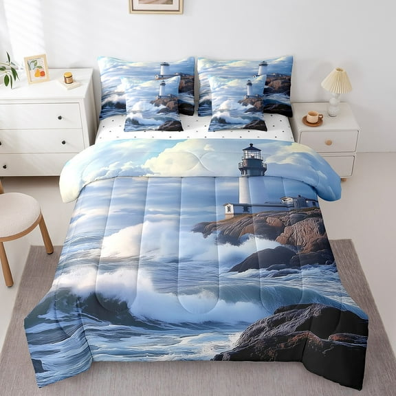 Erosebridal Ocean Wave Bed in a Bag Twin size, Coastal Lighthouse Bed Set, 3D Scenery Decor, Reversible 7pcs