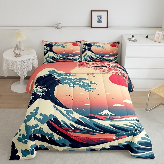Erosebridal Ocean Wave Bedding Twin Comforter Set, Japanese Style Down Comforter, Adults Teens, Reversible 2-Piece