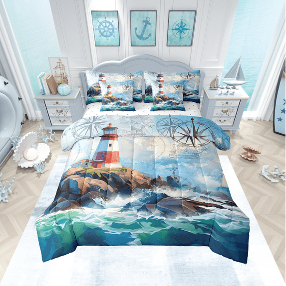 Erosebridal Ocean Wave Comforter Set King 7 Piece Nautical Decor Marine Bed in a Bag,Lighthouse Beach Coastal Bedding Set(1 Comforter,1 Fitted Sheet,1 Flat Sheet,2 Pillowcases,2 Throw Pillow Covers)