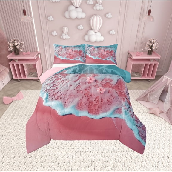 Erosebridal Ocean Wave Comforter Sets Twin Size, Pink Blossoms Comforters & Duvets, Romantic Beach Reversible Duvet Insert, Breathable Room Decoration, 2 Pieces