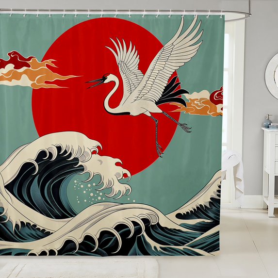 Erosebridal Ocean Waves Bathroom Curtain 72x72, White Crane Bathroom Decor, Japanese Style, Waterproof