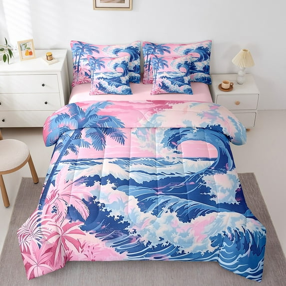 Erosebridal Ocean Waves Bedding Sets Twin Size,Summer Holiday Comforter Sets with Sheets,Tropical Beach Decor,Reversible,Breathable,7-Piece