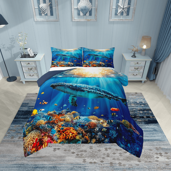 Erosebridal Ocean Whale Bedding Sets Full with Comforter,Marine Sealife Duvet Insert,Uderwater World Decor,Reversible,Ultra Soft,3pcs