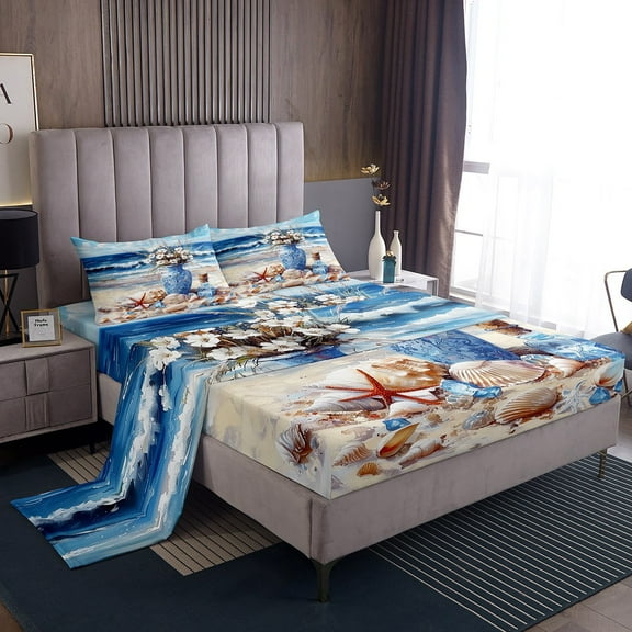 Erosebridal Oil Painting Beach Bed Sheets Set Twin Size, Coatal Starfish Seashell Wishing Bottle Bedding Sets Twin Size 3-Piece