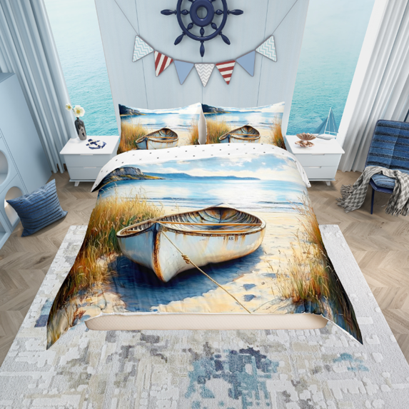 Erosebridal Oil Painting Beach Comforter Cover Full, Vintage Boat Bedding Full Size, Seaside Lodge Cabin Decor, Reversible 3pcs (No Comforter)