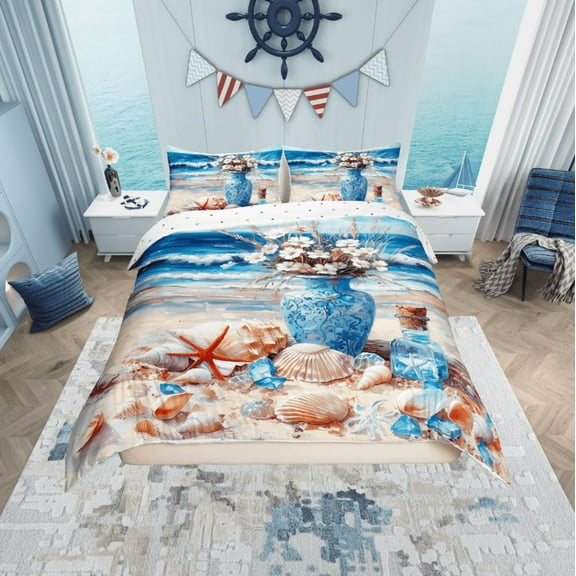 Erosebridal Oil Painting Beach Comforter Cover Twin, Coatal Starfish Seashell Wishing Bottle Bedding Twin Size, Reversible 2-Piece (No Comforter)