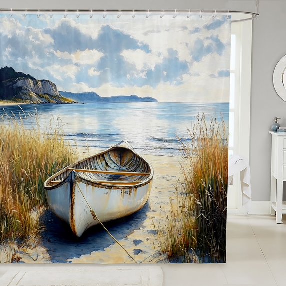 Erosebridal Oil Painting Beach Shower Curtain 72x78, Vintage Boat Bath Curtain, Seaside Lodge Cabin Decor Waterproof
