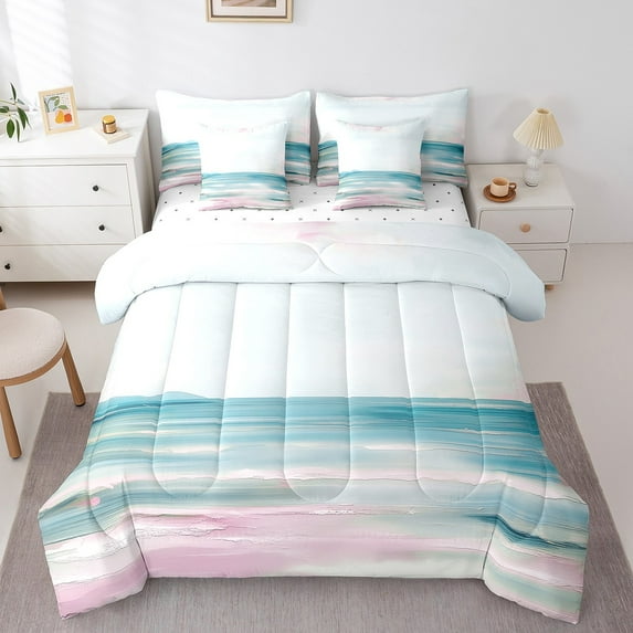 Erosebridal Oil Painting Bed in a Bag Queen Size,Minimalism Art Bed Set,Cyan Pink White Bedding Queen Size,Lightweight Bedroom Decoration Reversible,7 Pieces