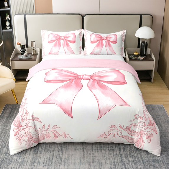 Erosebridal Oil Painting Bow 100% Cotton Bedding Set,Cute Ribbon Bowknot Duvet Cover Queen Teens Adult,Vintage Floral Bed Set(No Comforter)