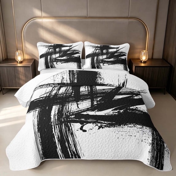 Erosebridal Oil Painting Brush Strokes Bed Spread Queen, White Black Queen Coverlet Set, Black Reversible 3 Pieces 1 Quilt and 2 Pillowcases