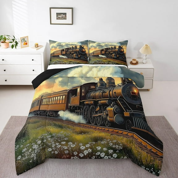 Erosebridal Oil Painting Comforter Sets Full Size, Vintage Train Comforters & Duvets, Daisy Floral Decor, 3pcs, Reversible