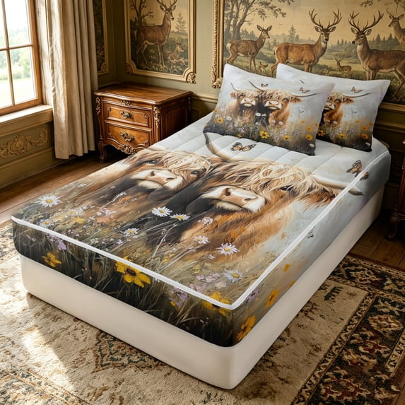 Erosebridal Oil Painting Highland Cow Zipper Queen Comforter Set with Fitted Sheet and 2 Pillowcases for Women Men, Wildflower Groovy Zipper Bedding Set, Reversible, 4 Pieces