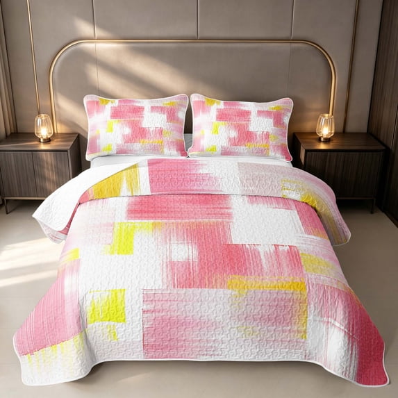 Erosebridal Oil Painting Plaid Bed Spread Queen, Abstract Minimalist Queen Coverlet Set, Pink Gold White, Pink Reversible 3-Piece 1 Quilt and 2 Pillowcases