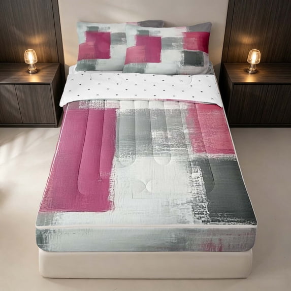 Erosebridal Oil Painting Plaid Zipper Queen Comforter Set with Fitted Sheet and 2 Pillowcases, Modern Abstract Zipper Bedding Set, Gray Pink, Reversible