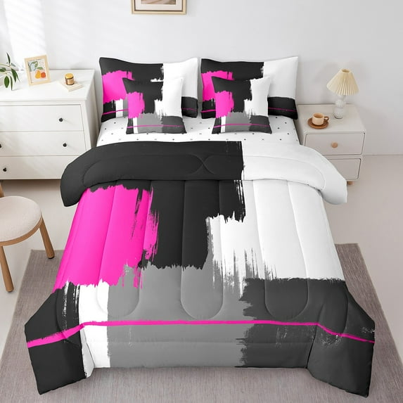 Erosebridal Oil Painting Stripes Bedding Twin Size,Modern Aesthetic Art Comforter Sets with Sheets,Pink Black Gray Bedding Sets Twin Size,Microfiber Bedroom Decoration Reversible,7pcs