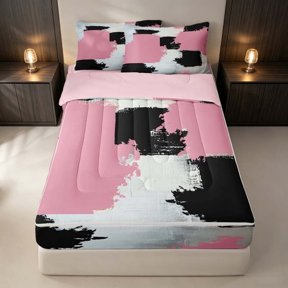 Erosebridal Oil Painting Zipper Full Size Comforter Sets with Fitted Sheet and 2 Pillowcases, Abstract Patchwork Zipper Bedding Set, Pink Black Gray, Pink Reversible