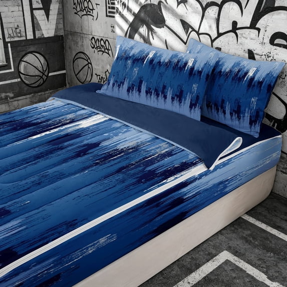 Erosebridal Oil Printing Brush Stroke Zipper Twin Comforter Sets with Fitted Sheet and 2 Pillowcases for Boys Girls, Modern Stripes Art Zipper Bedding Set, Navy Reversible, 4pcs