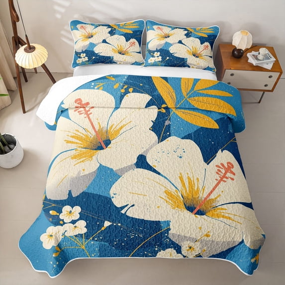 Erosebridal Oil Tropical Floral Twin Quilt Set,White Hibiscus Blue Leaf Twin Coverlet Set For Girls,2 Pieces